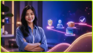 Minh họa khái niệm ưu đãi hội viên gồm huy hiệu thành viên và các nhóm quyền lợi được liên kết trong một quy trình