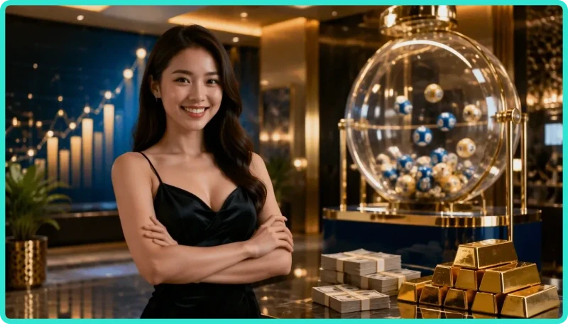 Minh họa nền tảng xổ số trực tuyến với bảng kết quả dạng kính phát sáng và các nút kết nối dữ liệu